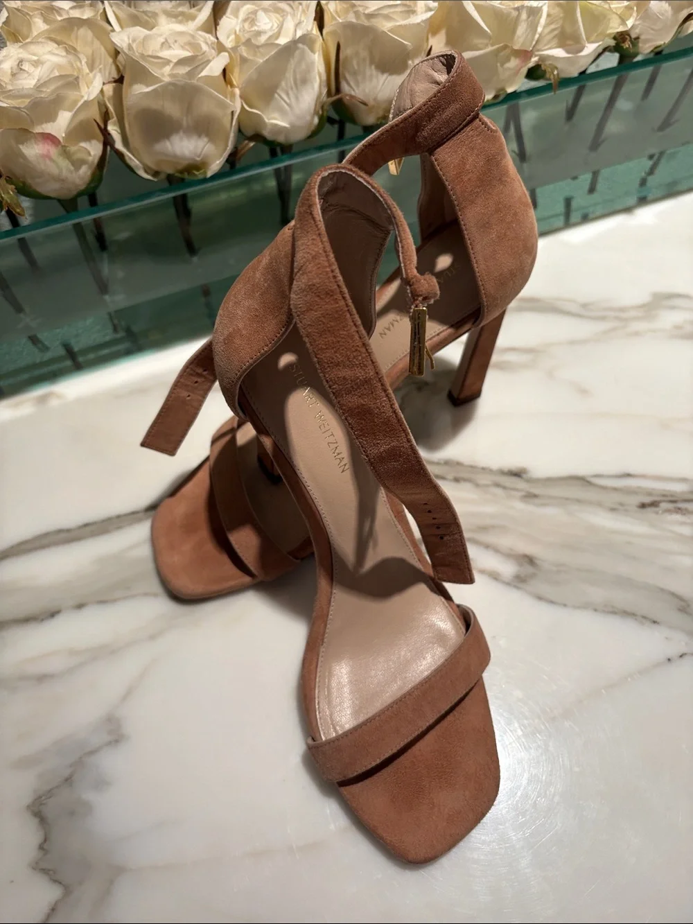 Stuart Weitzman Suede Ankle-Tie Heels in Cognac